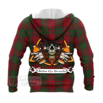 Stewart (Stuart) of Appin Tartan Knitted Hoodie with Family Crest and Bearded Skull Holding Bottles of Whiskey