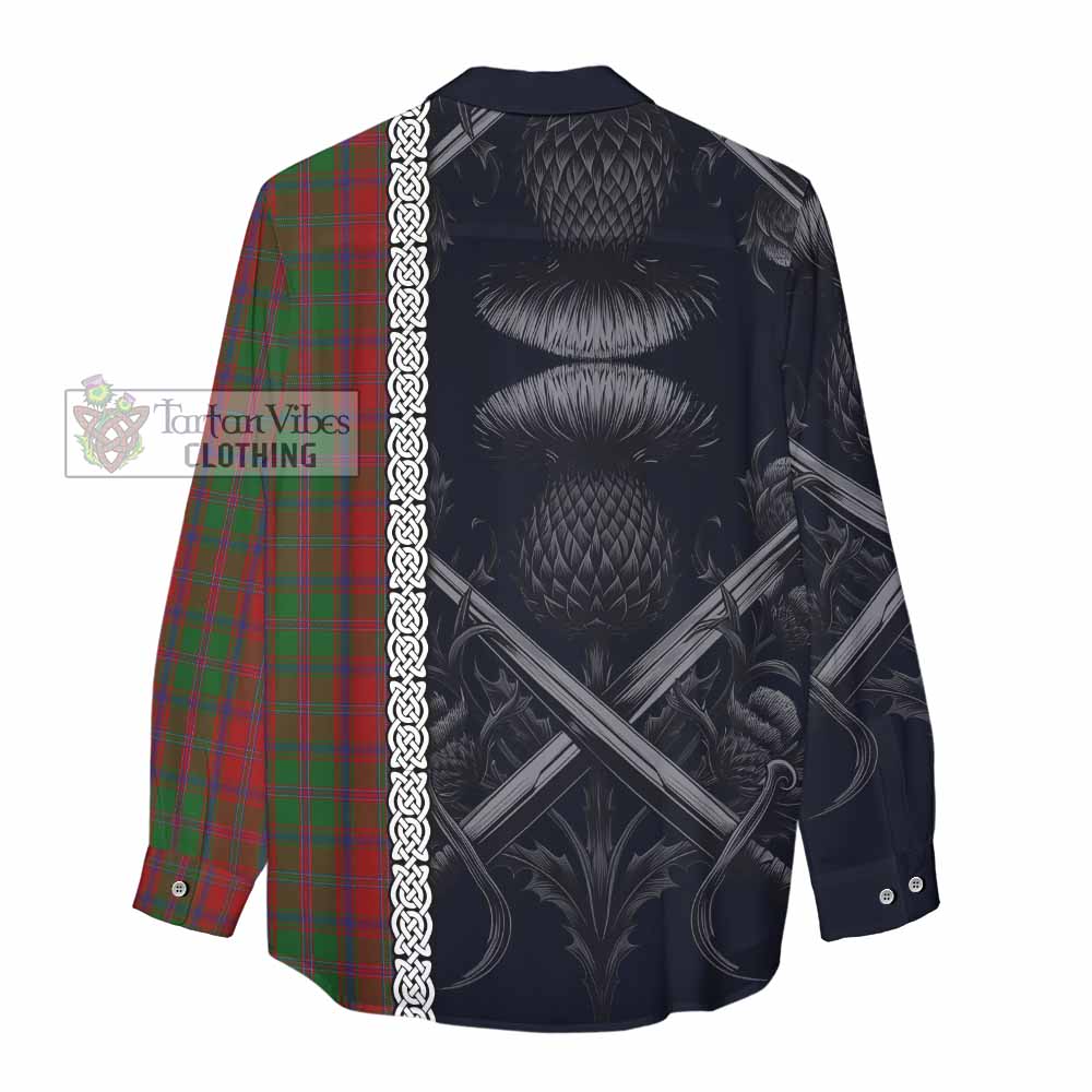 Tartan Vibes Clothing Stewart (Stuart) of Appin Tartan Women's Casual Shirt with Family Crest Cross Sword Thistle Celtic Vibes