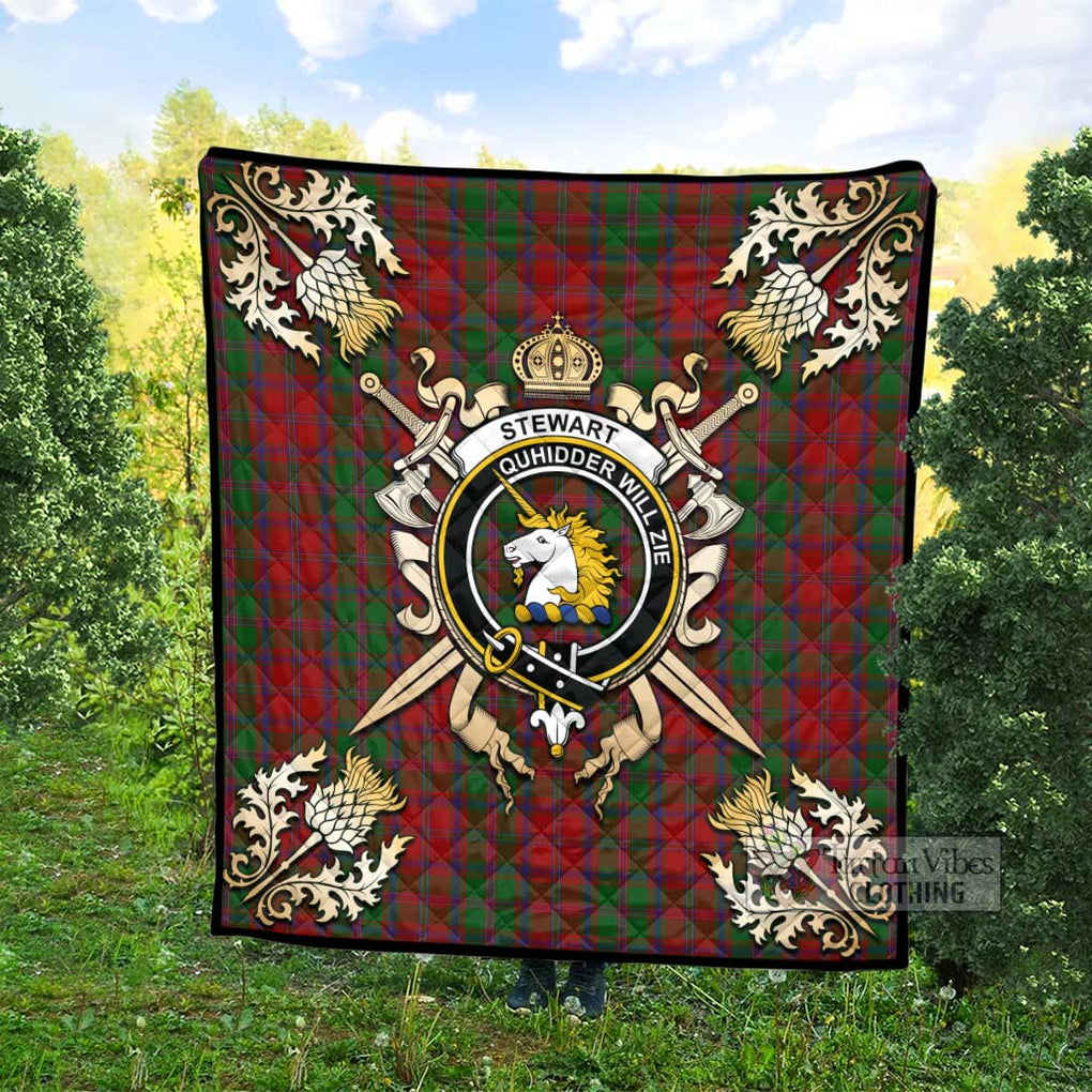 Tartan Vibes Clothing Stewart (Stuart) of Appin Tartan Quilt with Family Crest and Scottish Golden Courage Shield