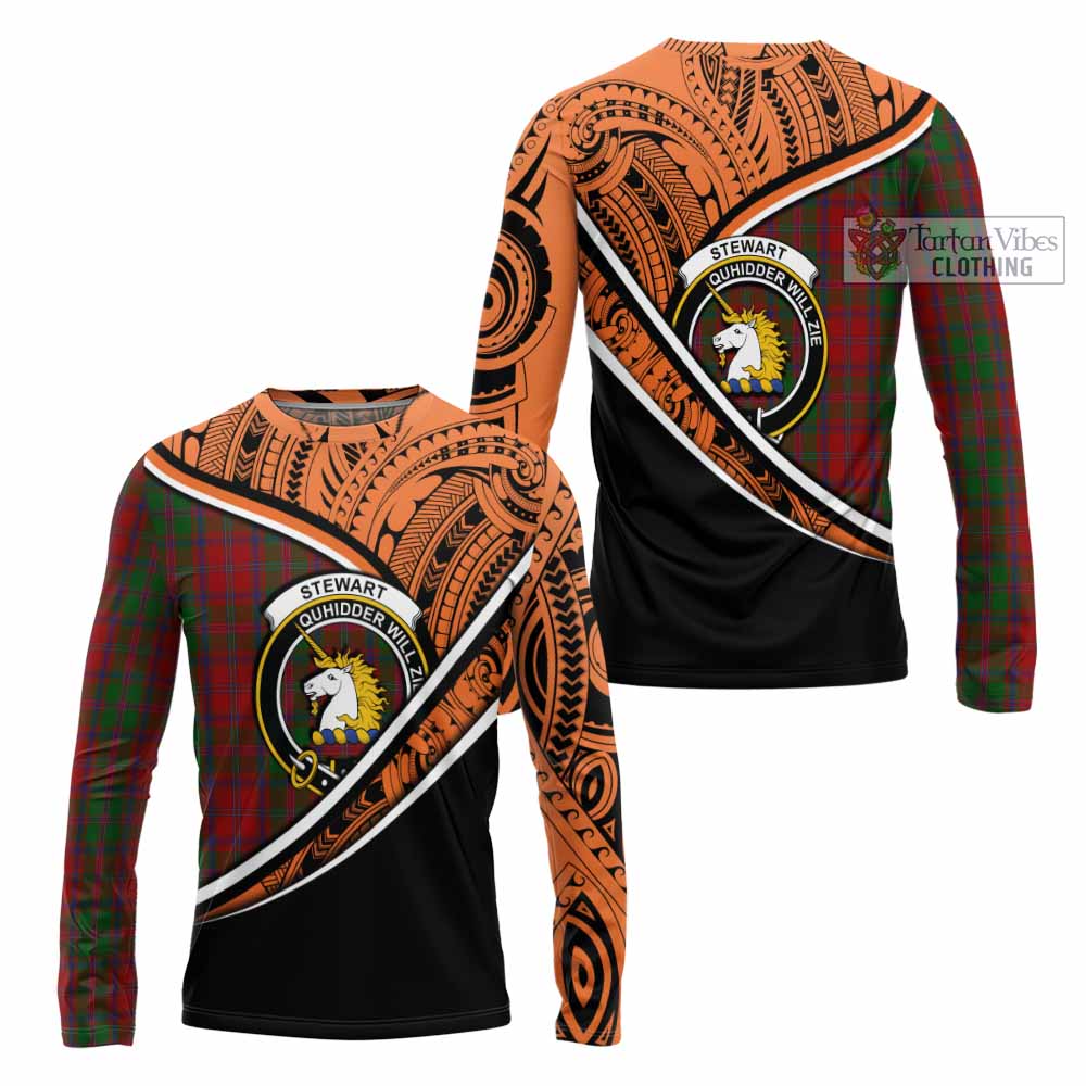 Tartan Vibes Clothing Stewart (Stuart) of Appin Crest Tartan Long Sleeve T-Shirt with Maori Tattoo Style - Orange Version