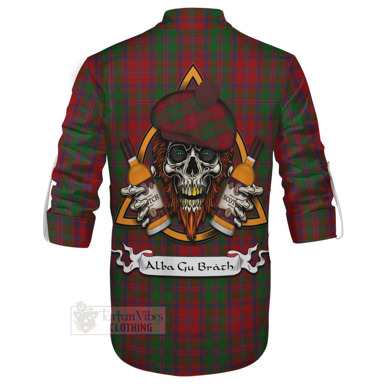 Tartan Vibes Clothing Stewart (Stuart) of Appin Tartan Ghillie Kilt Shirt with Family Crest and Bearded Skull Holding Bottles of Whiskey