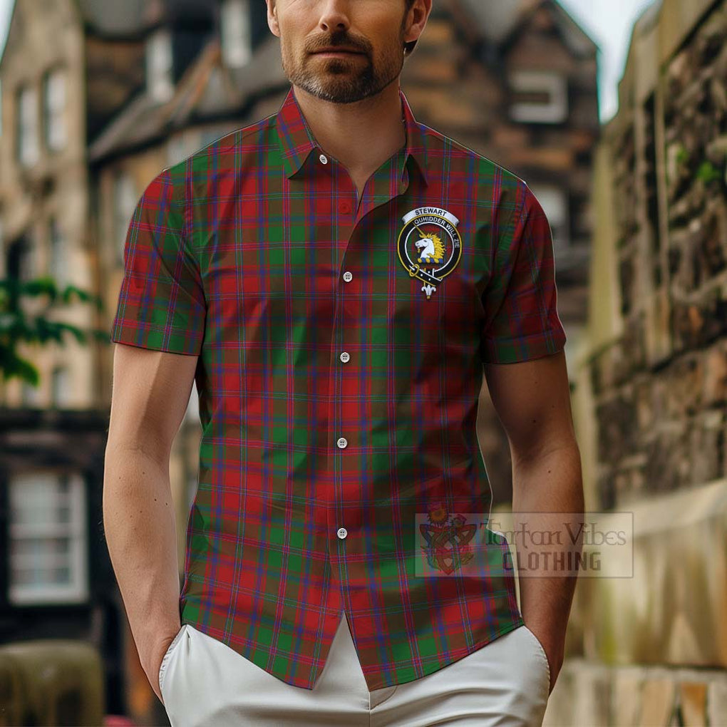 Tartan Vibes Clothing Stewart (Stuart) of Appin Tartan Short Sleeve Button Shirt with Family Crest Celtic Skull Style