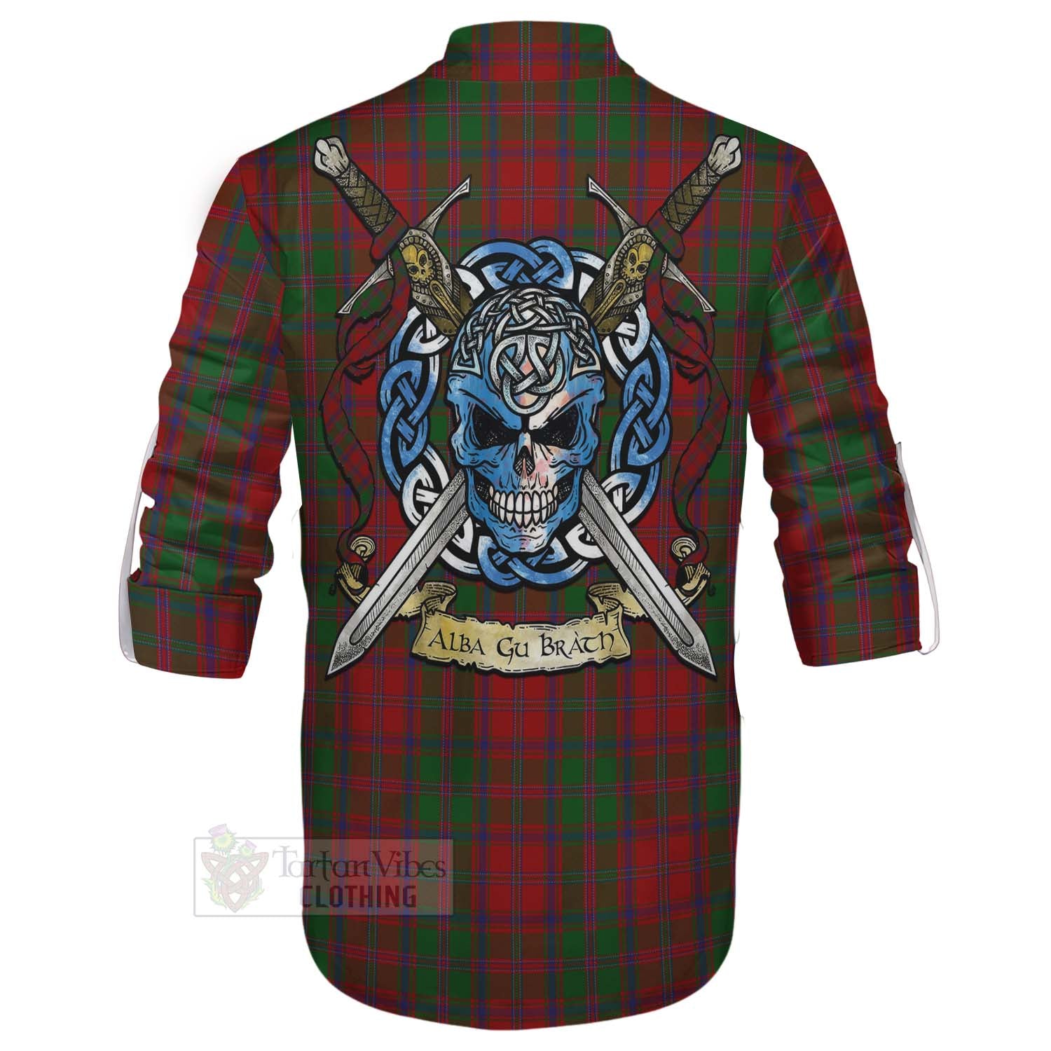 Tartan Vibes Clothing Stewart (Stuart) of Appin Tartan Ghillie Kilt Shirt with Family Crest Celtic Skull Style