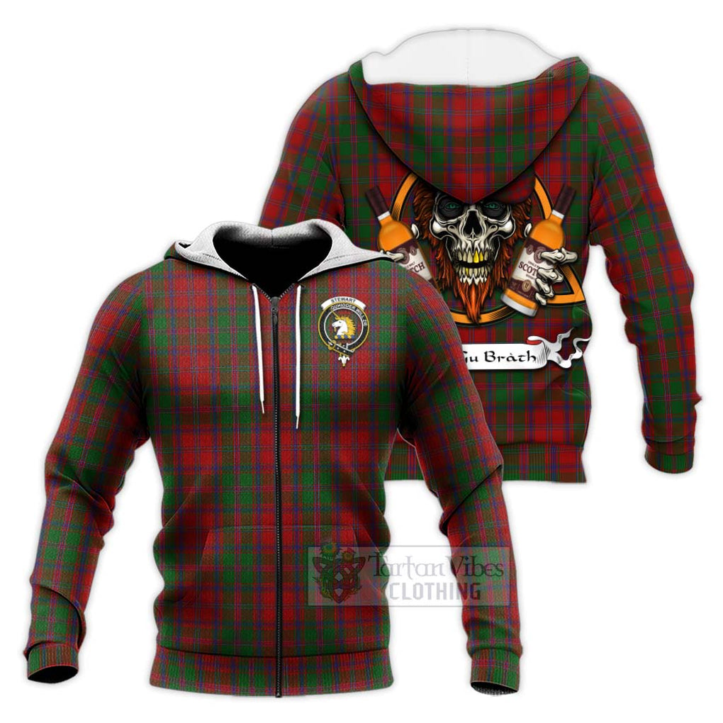 Tartan Vibes Clothing Stewart (Stuart) of Appin Tartan Knitted Hoodie with Family Crest and Bearded Skull Holding Bottles of Whiskey