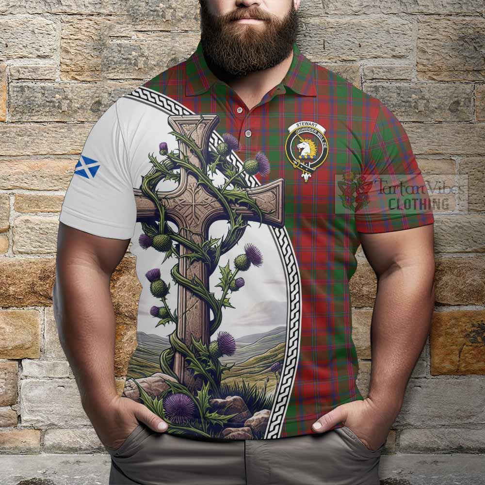 Tartan Vibes Clothing Stewart (Stuart) of Appin Tartan Polo Shirt with Family Crest and St. Andrew's Cross Accented by Thistle Vines