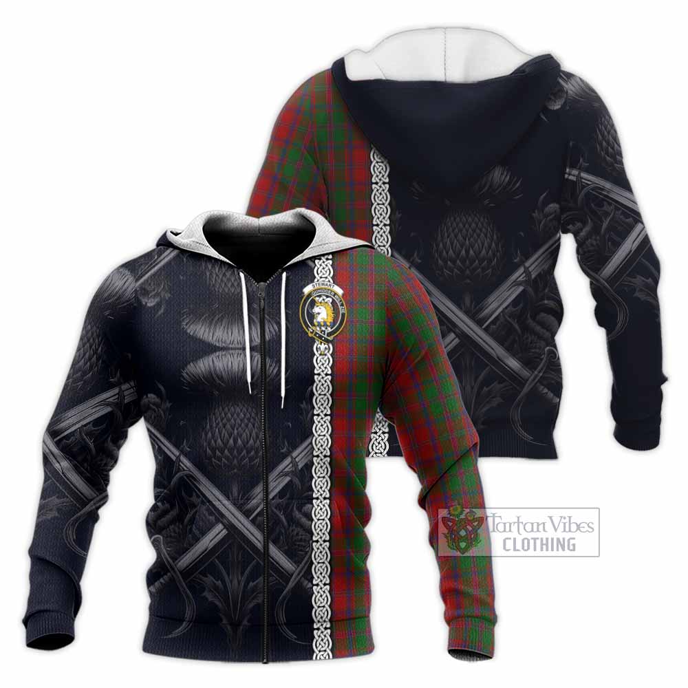 Tartan Vibes Clothing Stewart (Stuart) of Appin Tartan Knitted Hoodie with Family Crest Cross Sword Thistle Celtic Vibes