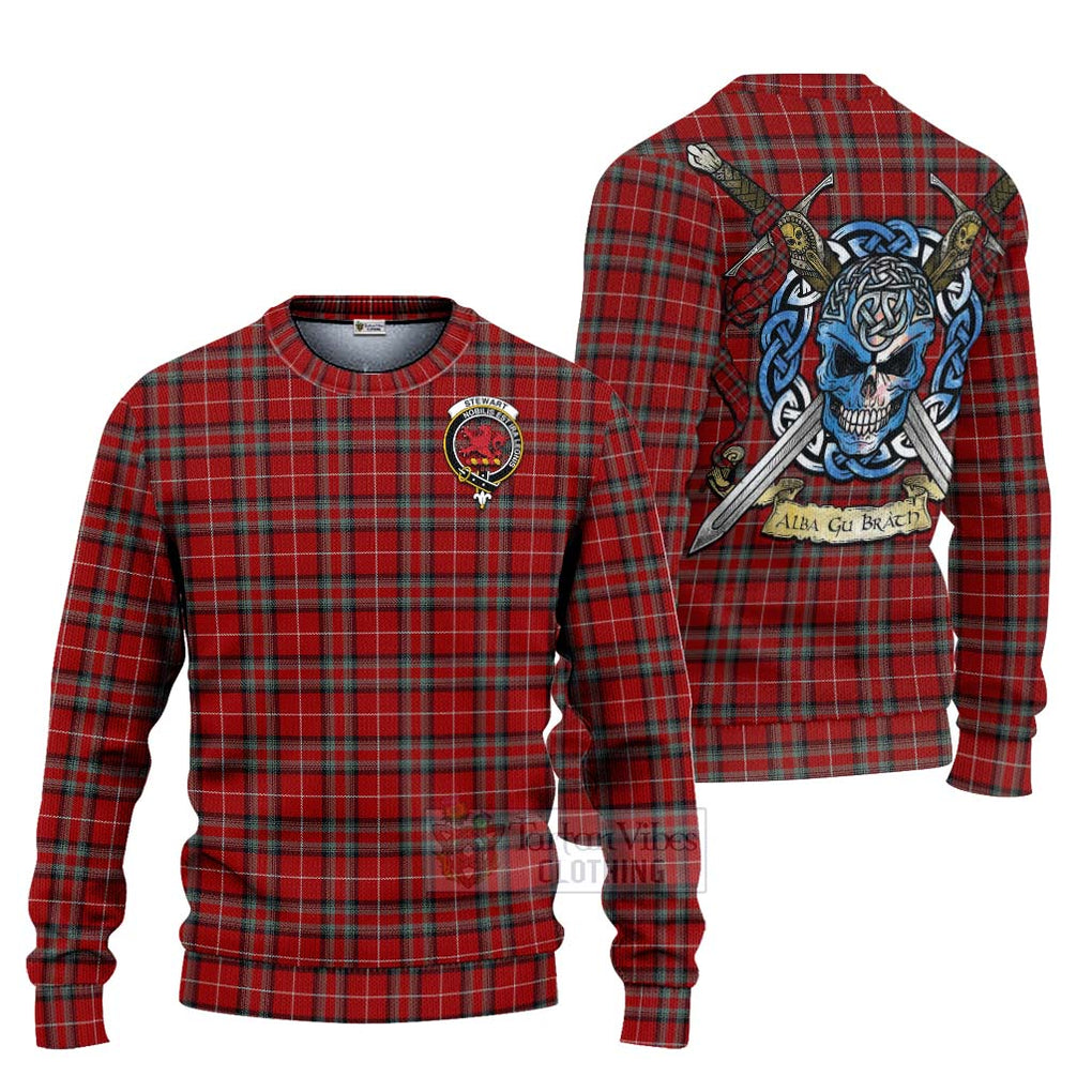 Tartan Vibes Clothing Stewart (Stuart) of Bute Tartan Knitted Sweater with Family Crest Celtic Skull Style