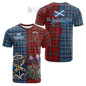 Stewart (Stuart) of Bute Tartan Cotton T-shirt Happy St. Andrew's Day Half Tartan Style