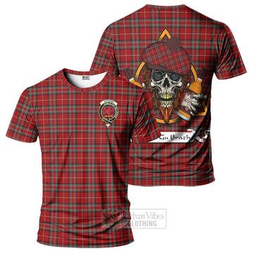 Stewart (Stuart) of Bute Tartan T-Shirt with Family Crest and Bearded Skull Holding Bottles of Whiskey