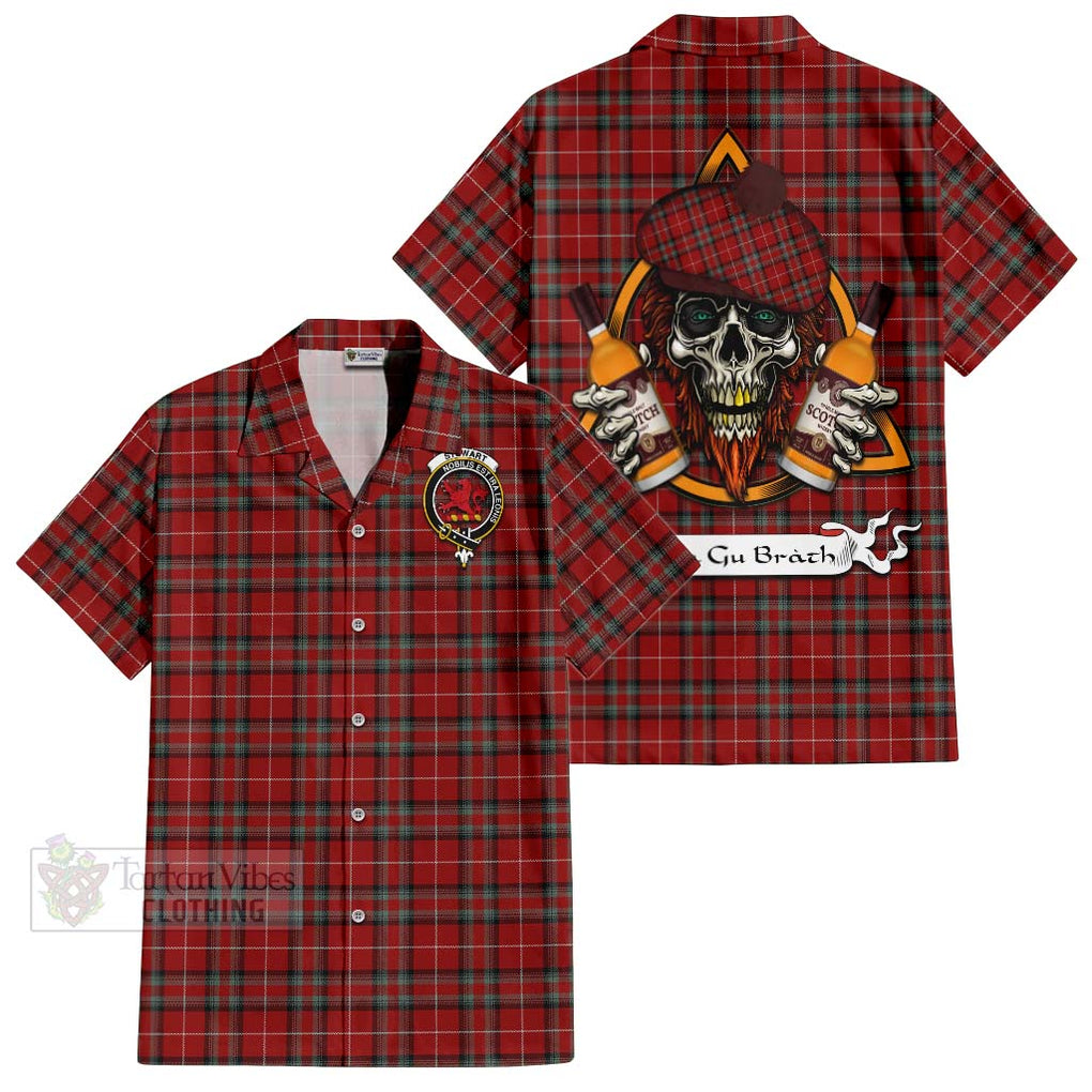 Tartan Vibes Clothing Stewart (Stuart) of Bute Tartan Short Sleeve Button Shirt with Family Crest and Bearded Skull Holding Bottles of Whiskey