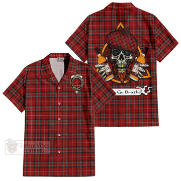 Stewart (Stuart) of Bute Tartan Short Sleeve Button Shirt with Family Crest and Bearded Skull Holding Bottles of Whiskey