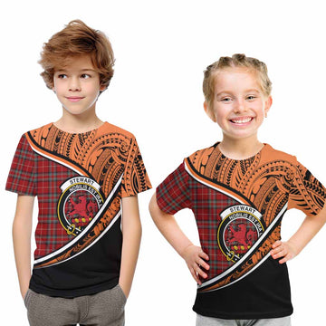 Stewart (Stuart) of Bute Crest Tartan Kid T-Shirt with Polynesian Vibes Style - Orange Version