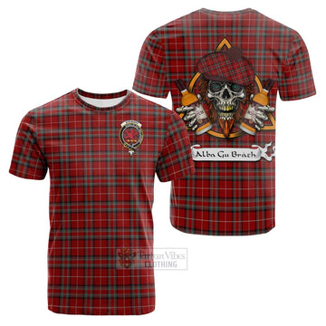 Stewart (Stuart) of Bute Tartan Cotton T-shirt with Family Crest and Bearded Skull Holding Bottles of Whiskey