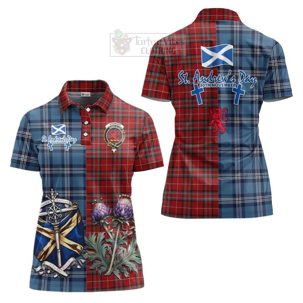 Tartan Vibes Clothing Stewart (Stuart) of Bute Tartan Women's Polo Shirt Happy St. Andrew's Day Half Tartan Style