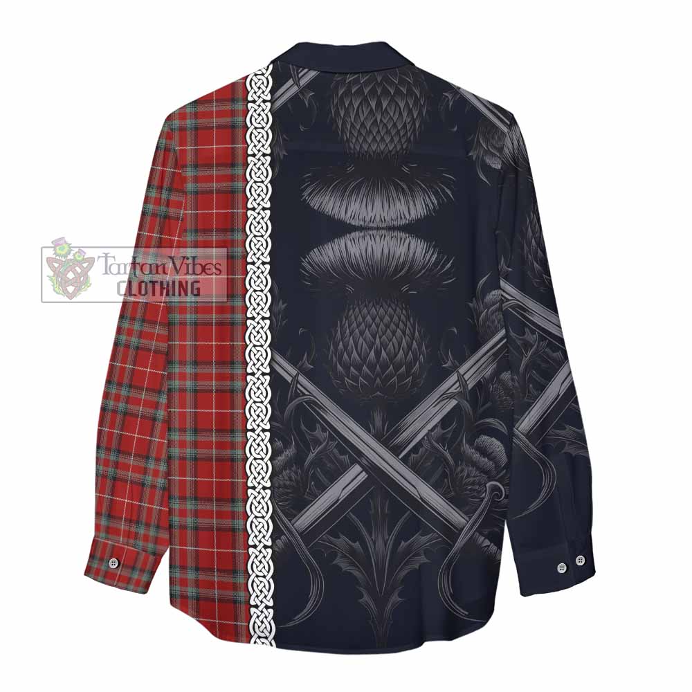 Tartan Vibes Clothing Stewart (Stuart) of Bute Tartan Women's Casual Shirt with Family Crest Cross Sword Thistle Celtic Vibes