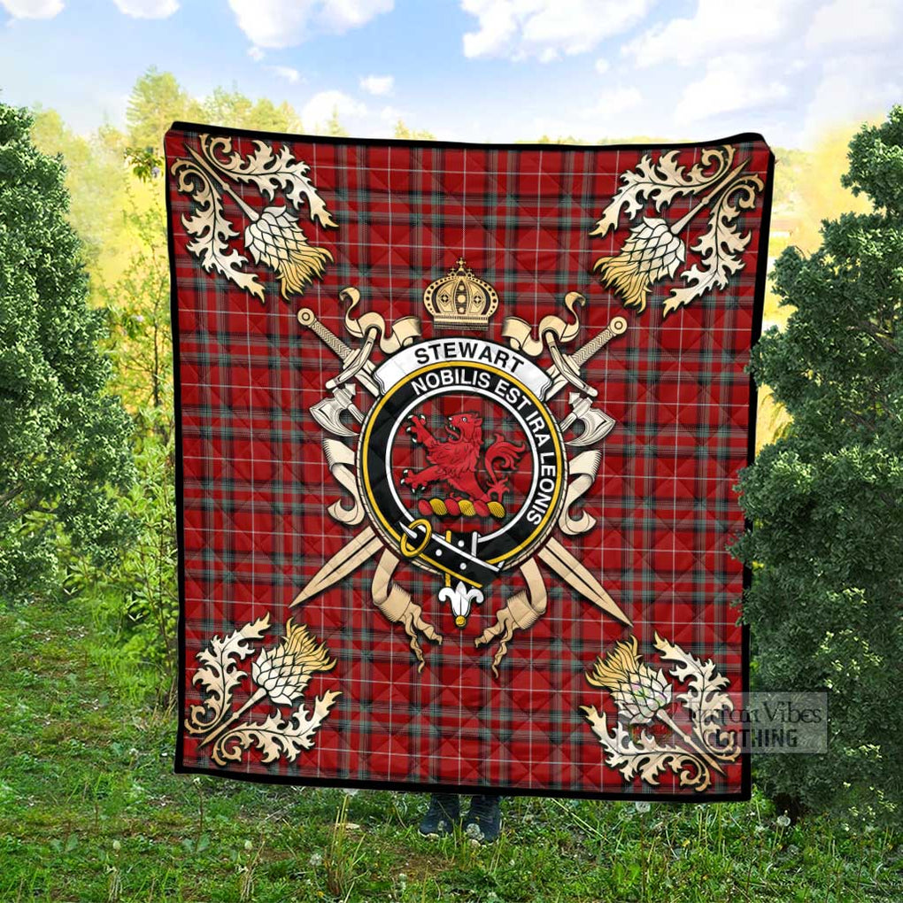 Tartan Vibes Clothing Stewart (Stuart) of Bute Tartan Quilt with Family Crest and Scottish Golden Courage Shield