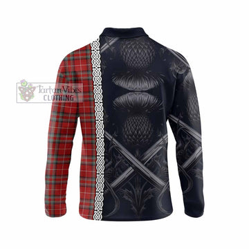 Stewart (Stuart) of Bute Tartan Long Sleeve Polo Shirt with Family Crest Cross Sword Thistle Celtic Vibes