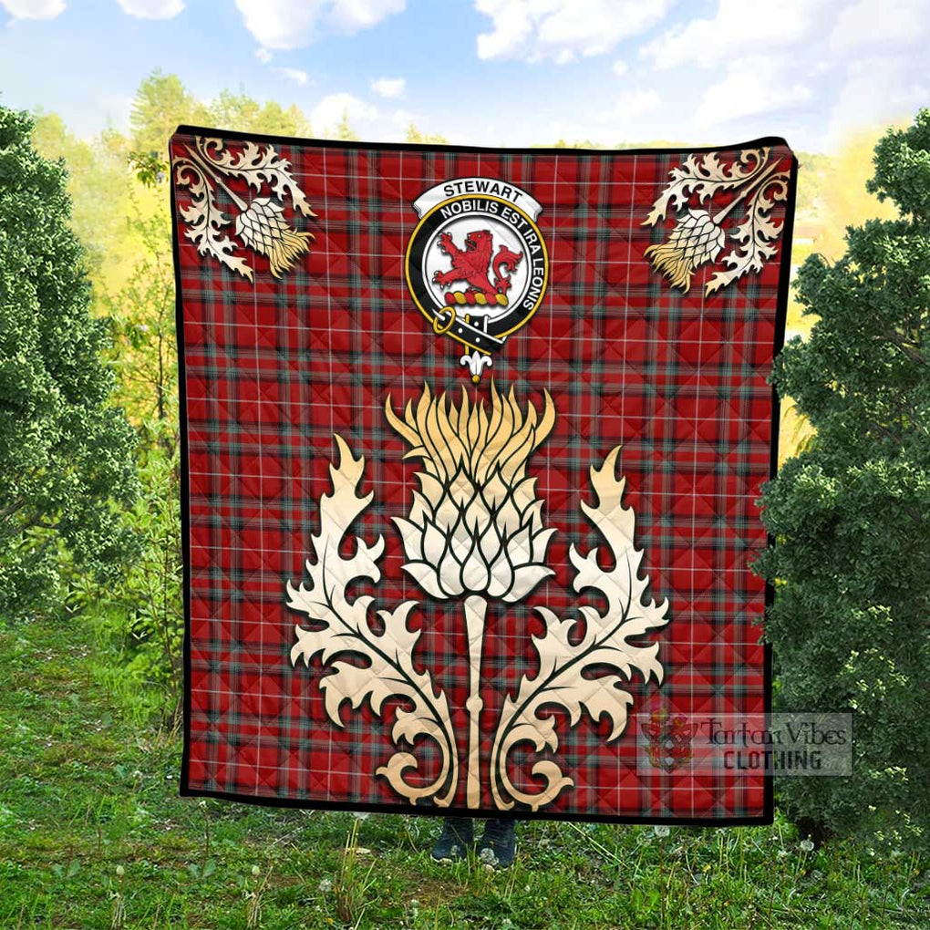 Tartan Vibes Clothing Stewart (Stuart) of Bute Tartan Quilt with Family Crest and Golden Thistle Style