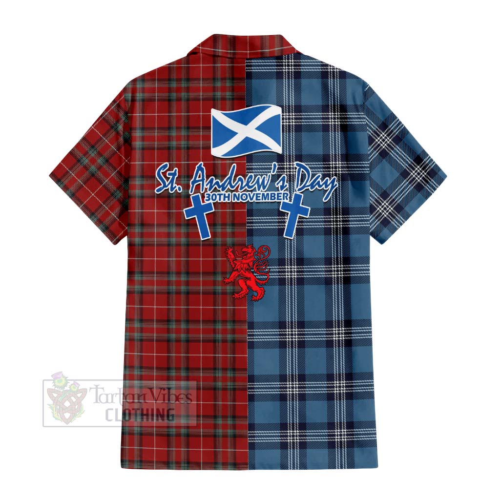 Tartan Vibes Clothing Stewart (Stuart) of Bute Tartan Short Sleeve Button Shirt Happy St. Andrew's Day Half Tartan Style