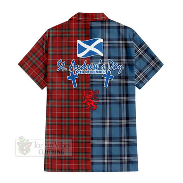 Stewart (Stuart) of Bute Tartan Short Sleeve Button Shirt Happy St. Andrew's Day Half Tartan Style