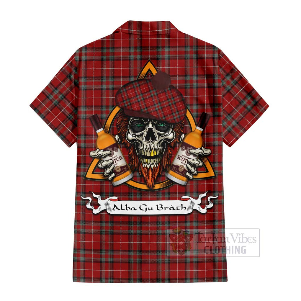 Tartan Vibes Clothing Stewart (Stuart) of Bute Tartan Short Sleeve Button Shirt with Family Crest and Bearded Skull Holding Bottles of Whiskey