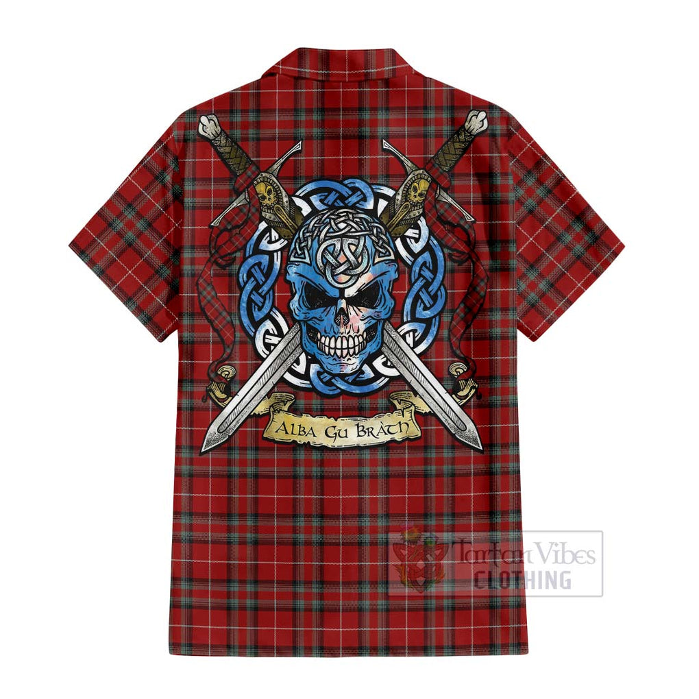 Tartan Vibes Clothing Stewart (Stuart) of Bute Tartan Short Sleeve Button Shirt with Family Crest Celtic Skull Style