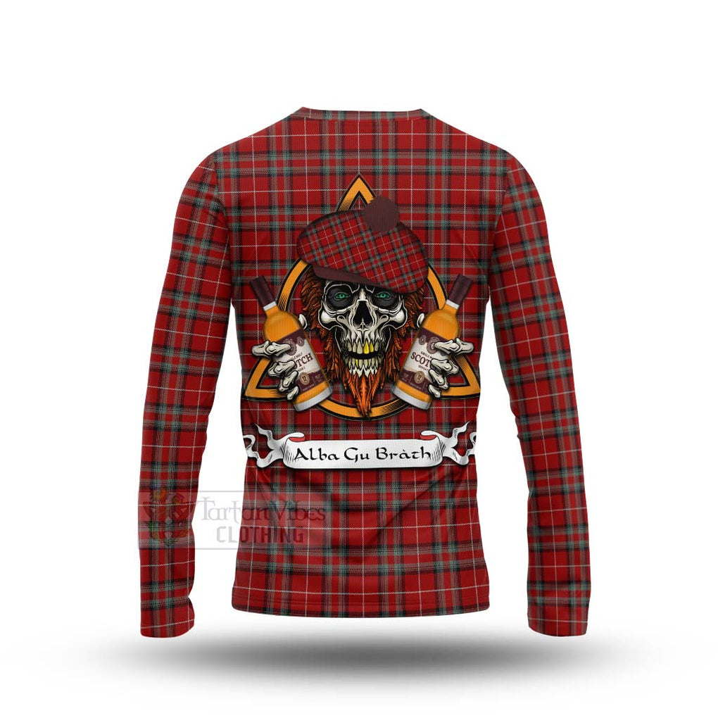 Tartan Vibes Clothing Stewart (Stuart) of Bute Tartan Long Sleeve T-Shirt with Family Crest and Bearded Skull Holding Bottles of Whiskey