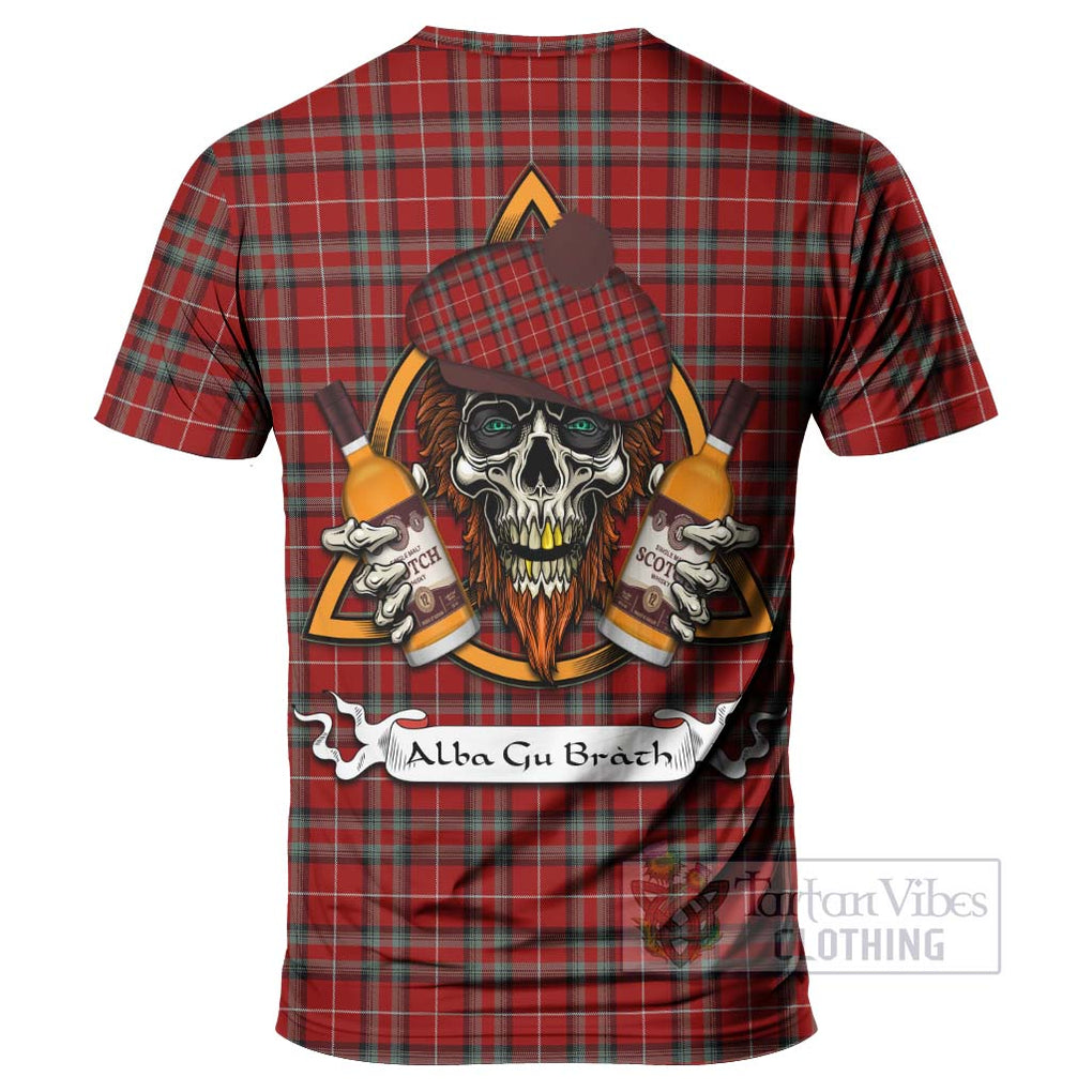 Tartan Vibes Clothing Stewart (Stuart) of Bute Tartan T-Shirt with Family Crest and Bearded Skull Holding Bottles of Whiskey