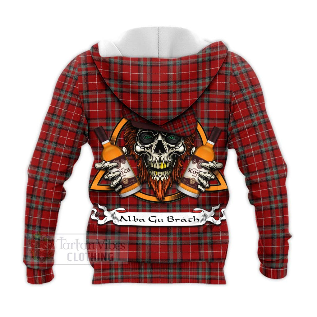 Tartan Vibes Clothing Stewart (Stuart) of Bute Tartan Knitted Hoodie with Family Crest and Bearded Skull Holding Bottles of Whiskey