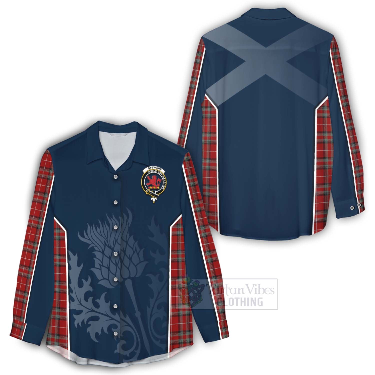 Tartan Vibes Clothing Stewart (Stuart) of Bute Tartan Women's Casual Shirt with Family Crest and Scottish Thistle Vibes Sport Style