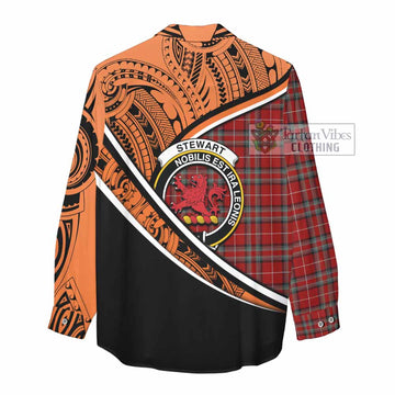 Stewart (Stuart) of Bute Crest Tartan Women's Casual Shirt with Polynesian Vibes Style - Orange Version