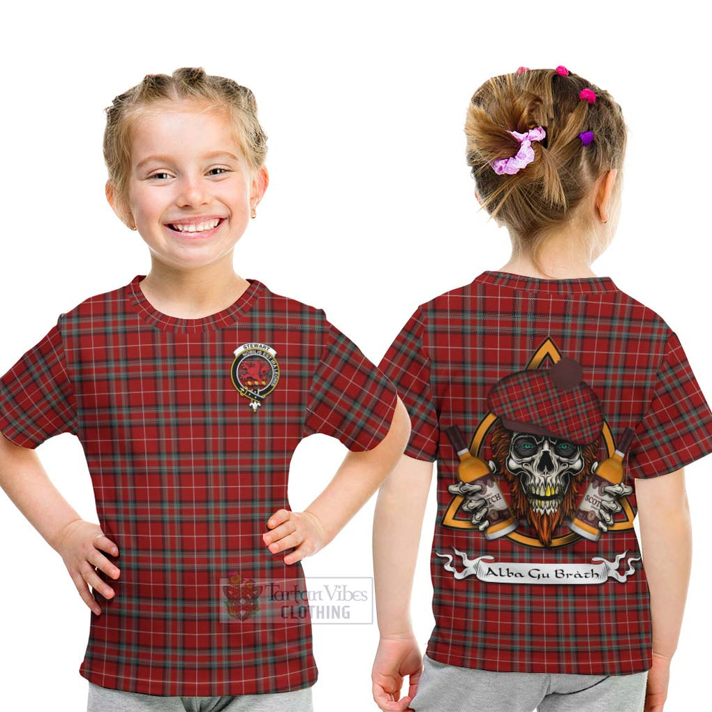 Tartan Vibes Clothing Stewart (Stuart) of Bute Tartan Kid T-Shirt with Family Crest and Bearded Skull Holding Bottles of Whiskey