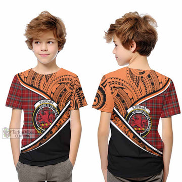 Stewart (Stuart) of Bute Crest Tartan Kid T-Shirt with Polynesian Vibes Style - Orange Version