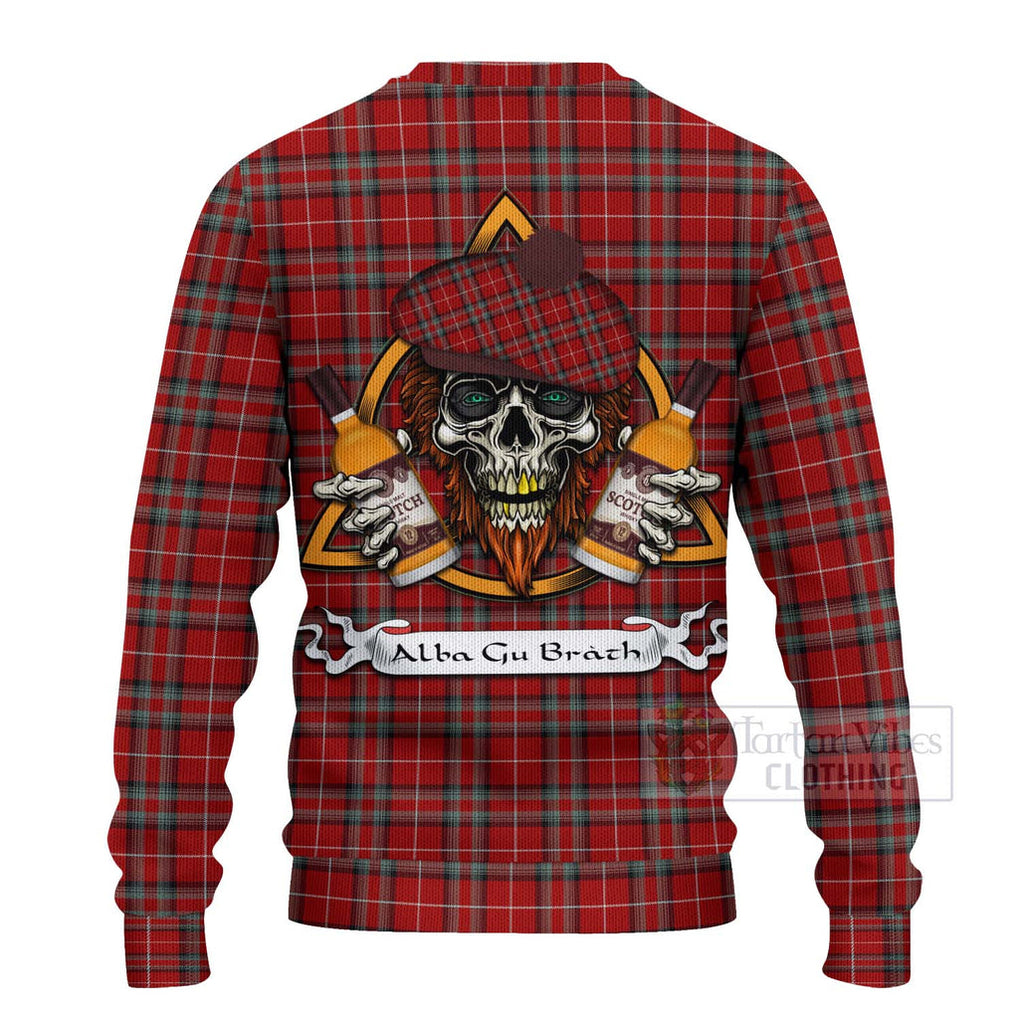 Tartan Vibes Clothing Stewart (Stuart) of Bute Tartan Knitted Sweater with Family Crest and Bearded Skull Holding Bottles of Whiskey