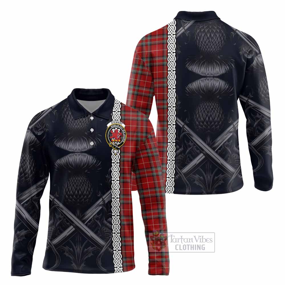 Tartan Vibes Clothing Stewart (Stuart) of Bute Tartan Long Sleeve Polo Shirt with Family Crest Cross Sword Thistle Celtic Vibes