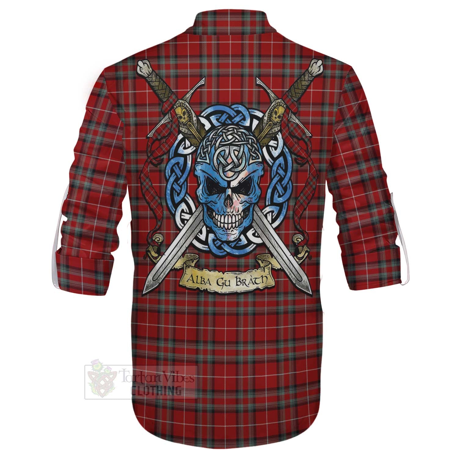 Tartan Vibes Clothing Stewart (Stuart) of Bute Tartan Ghillie Kilt Shirt with Family Crest Celtic Skull Style