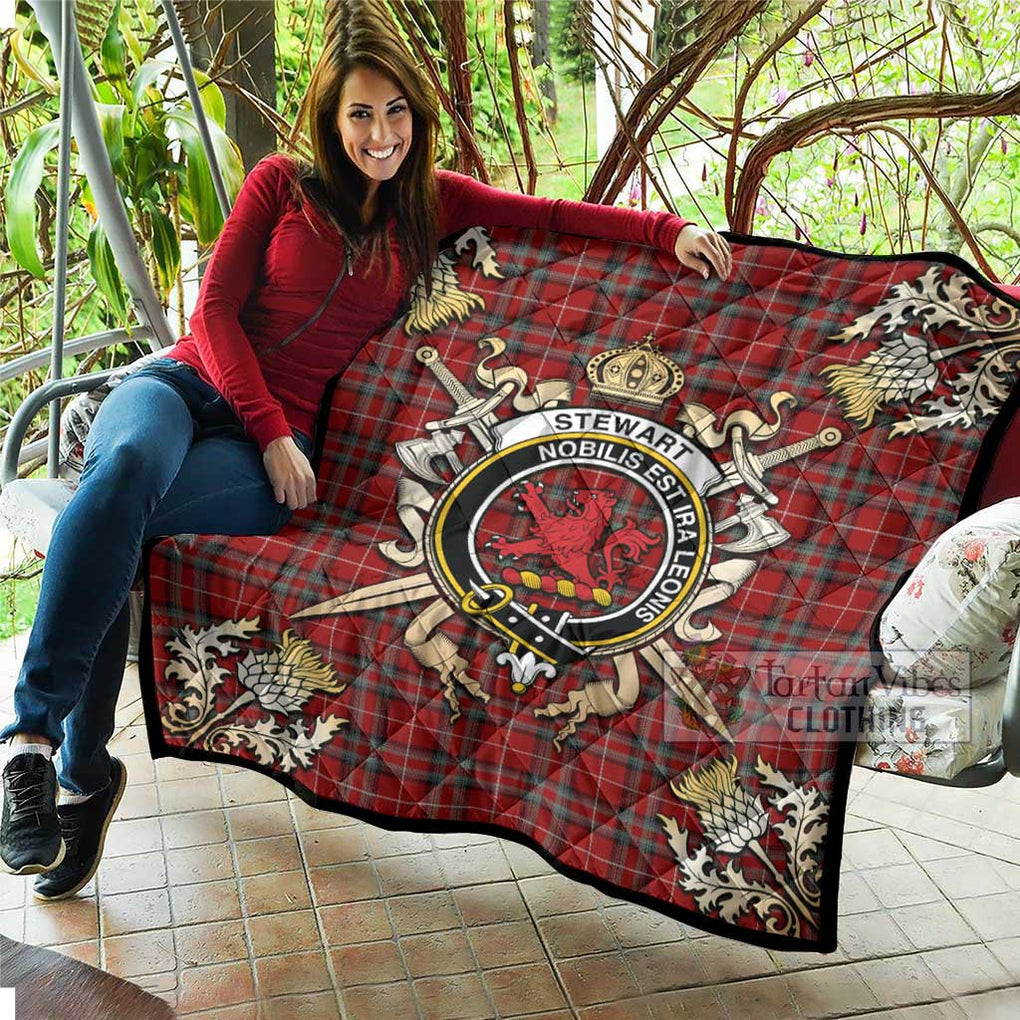 Tartan Vibes Clothing Stewart (Stuart) of Bute Tartan Quilt with Family Crest and Scottish Golden Courage Shield