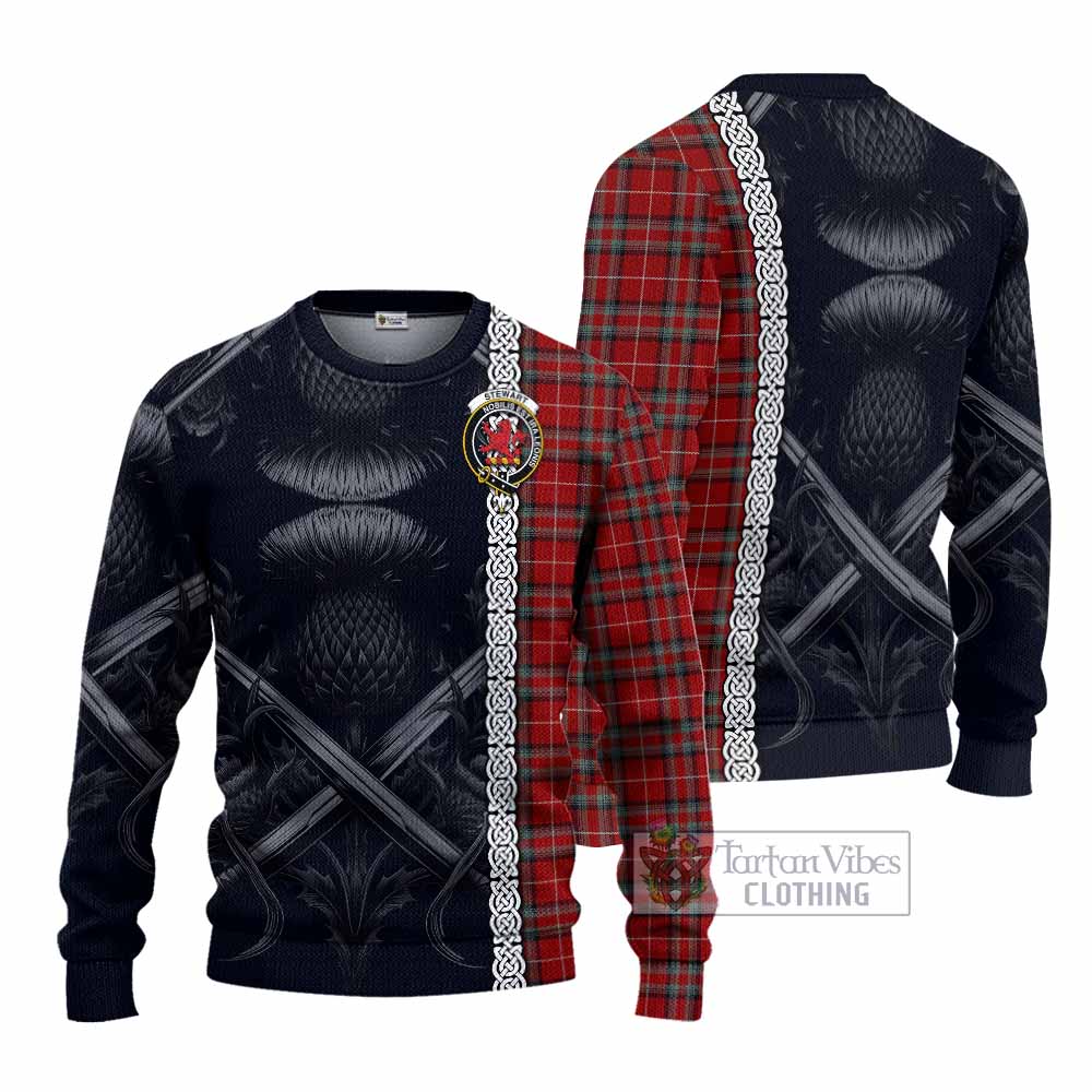 Tartan Vibes Clothing Stewart (Stuart) of Bute Tartan Knitted Sweater with Family Crest Cross Sword Thistle Celtic Vibes