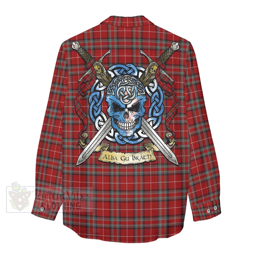 Tartan Vibes Clothing Stewart (Stuart) of Bute Tartan Women's Casual Shirt with Family Crest Celtic Skull Style