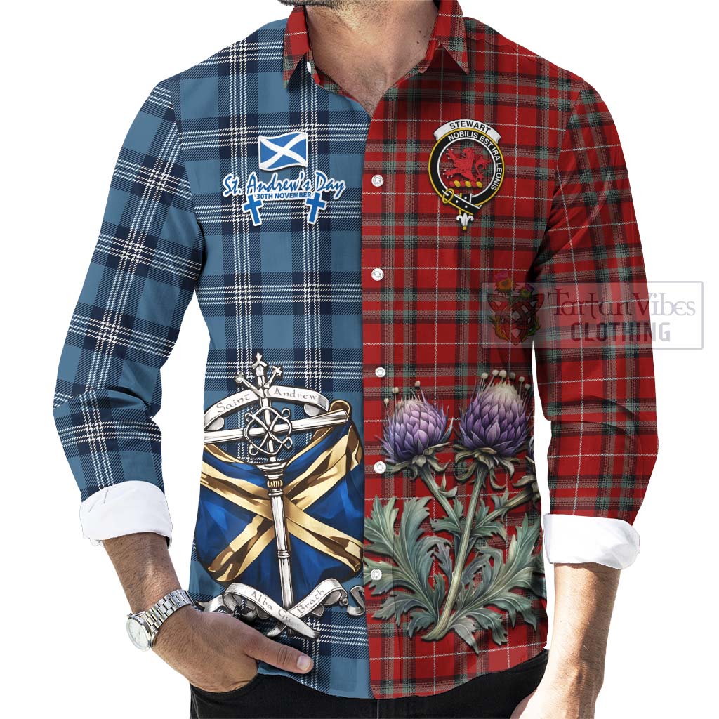 Tartan Vibes Clothing Stewart (Stuart) of Bute Tartan Long Sleeve Button Shirt Happy St. Andrew's Day Half Tartan Style