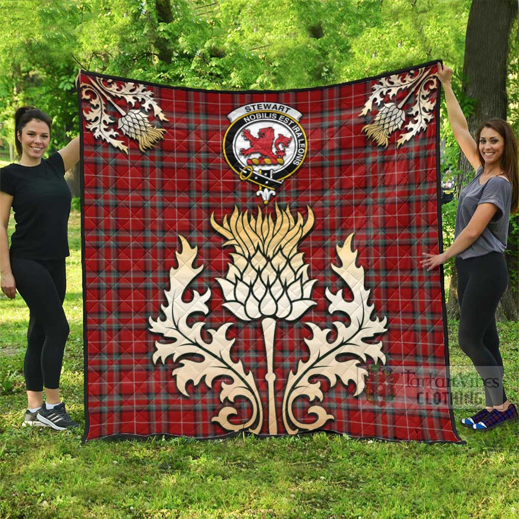 Tartan Vibes Clothing Stewart (Stuart) of Bute Tartan Quilt with Family Crest and Golden Thistle Style