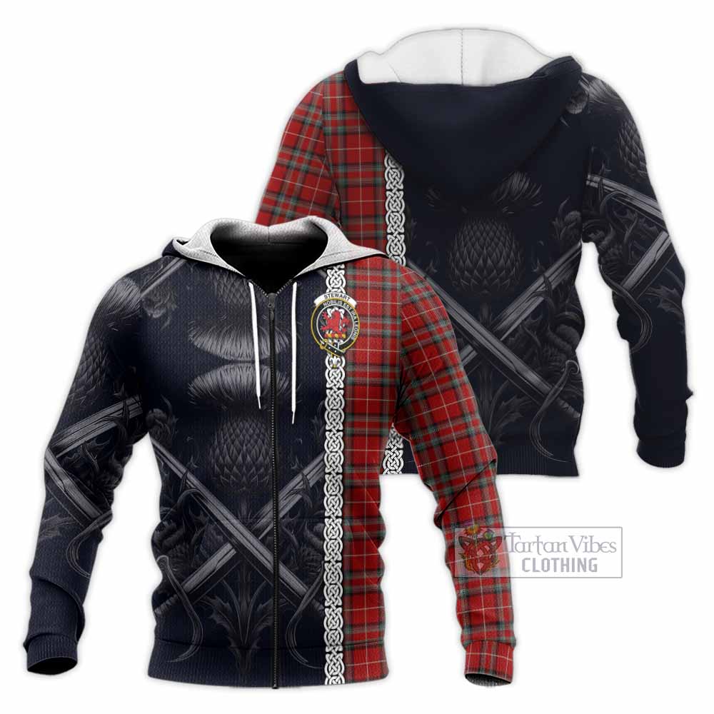 Tartan Vibes Clothing Stewart (Stuart) of Bute Tartan Knitted Hoodie with Family Crest Cross Sword Thistle Celtic Vibes