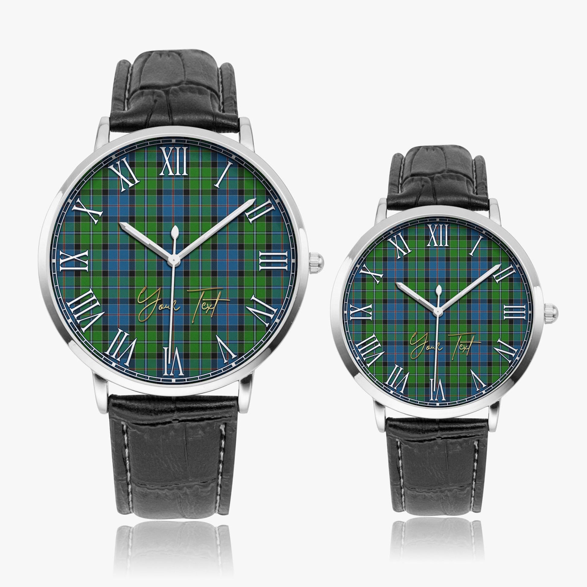 Stirling Tartan Personalized Your Text Leather Trap Quartz Watch Ultra Thin Silver Case With Black Leather Strap - Tartanvibesclothing Shop