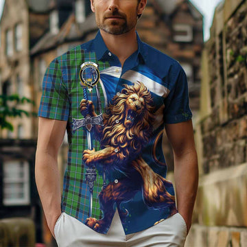 Stirling Tartan Family Crest Short Sleeve Button Shirt with Scottish Majestic Lion