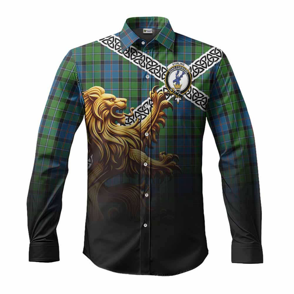 Stirling Crest Tartan Long Sleeve Button Shirt with Golden Lion Emblem Celtic Style Men's Shirt S - Tartan Vibes Clothing