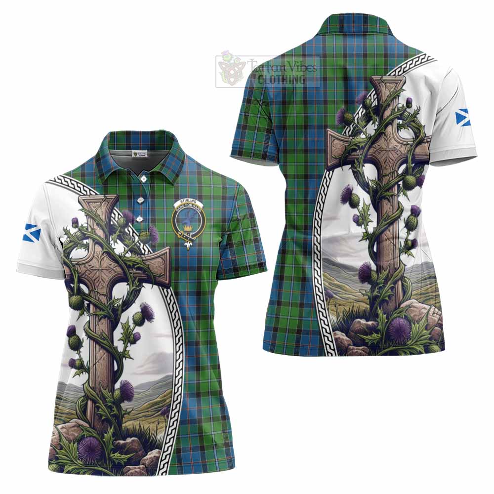 Tartan Vibes Clothing Stirling Tartan Women's Polo Shirt with Family Crest and St. Andrew's Cross Accented by Thistle Vines