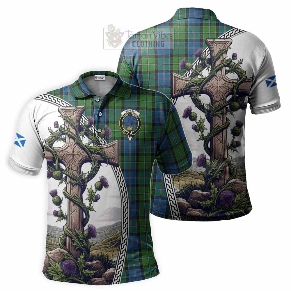 Tartan Vibes Clothing Stirling Tartan Polo Shirt with Family Crest and St. Andrew's Cross Accented by Thistle Vines