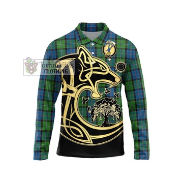 Stirling Tartan Long Sleeve Polo Shirt with Family Crest Celtic Wolf Style Unisex - Tartan Vibes Clothing