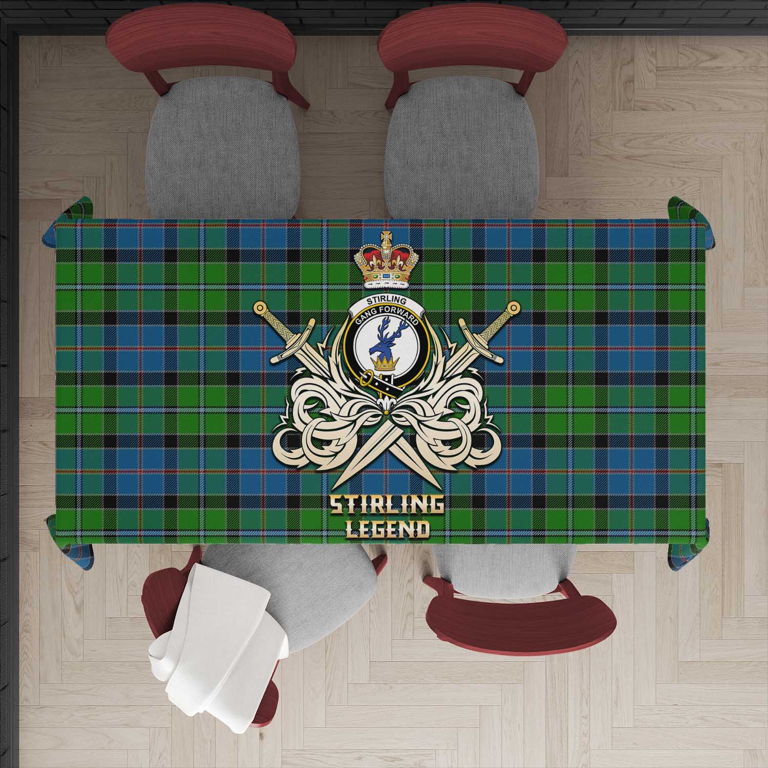Tartan Vibes Clothing Stirling Tartan Tablecloth with Clan Crest and the Golden Sword of Courageous Legacy