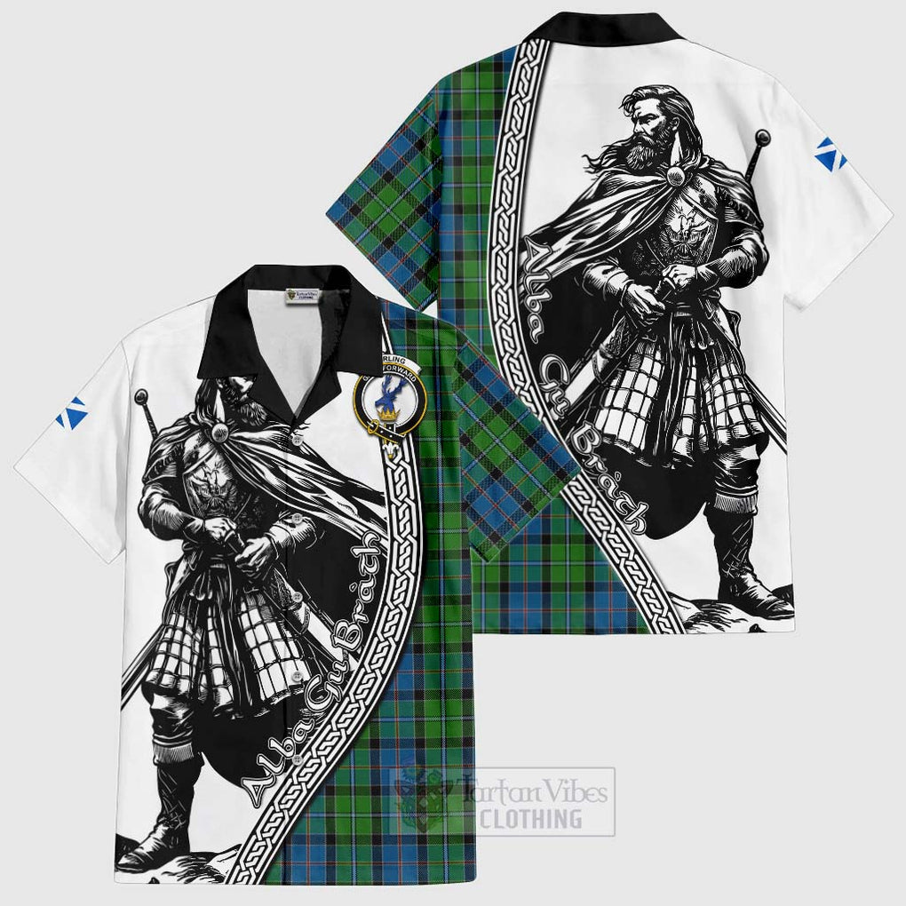 Tartan Vibes Clothing Stirling Tartan Clan Crest Short Sleeve Button Shirt with Highlander Warrior Celtic Style